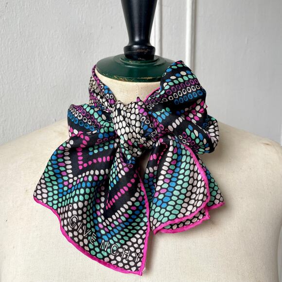 Vintage 70s Givenchy Signed Logo  Pixel Print Silk Scarf Large Rectangle Japan - Picture 1 of 6